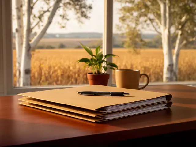 Closed kraft folders with a pen on a desk by a window onto golden fields and sycamores.